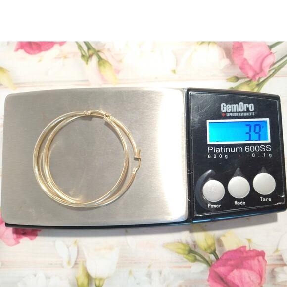 FAS 14k Yellow Gold 925 Sterling Silver Round Hoop Earrings Large Bold Signed - Picture 11 of 12